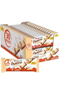 Kinder Bueno White Chocolate and Hazelnut Cream Candy Bar, 2 Individually Wrapped 1.4 oz each, 30 Pack - Limited Edition